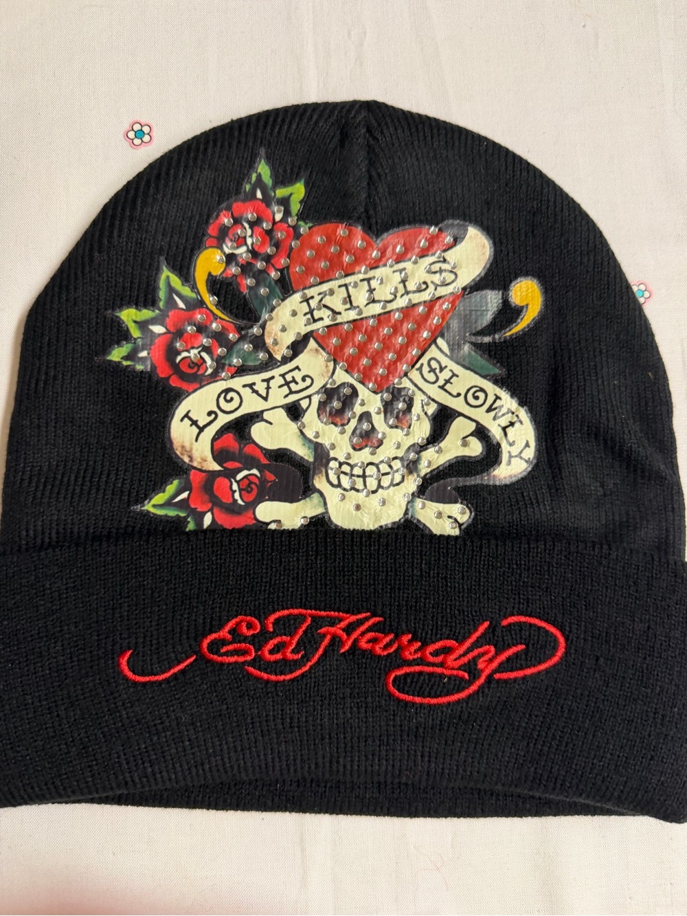 Ed Hardy Black Beanie with Red Heart & Skull Graphic